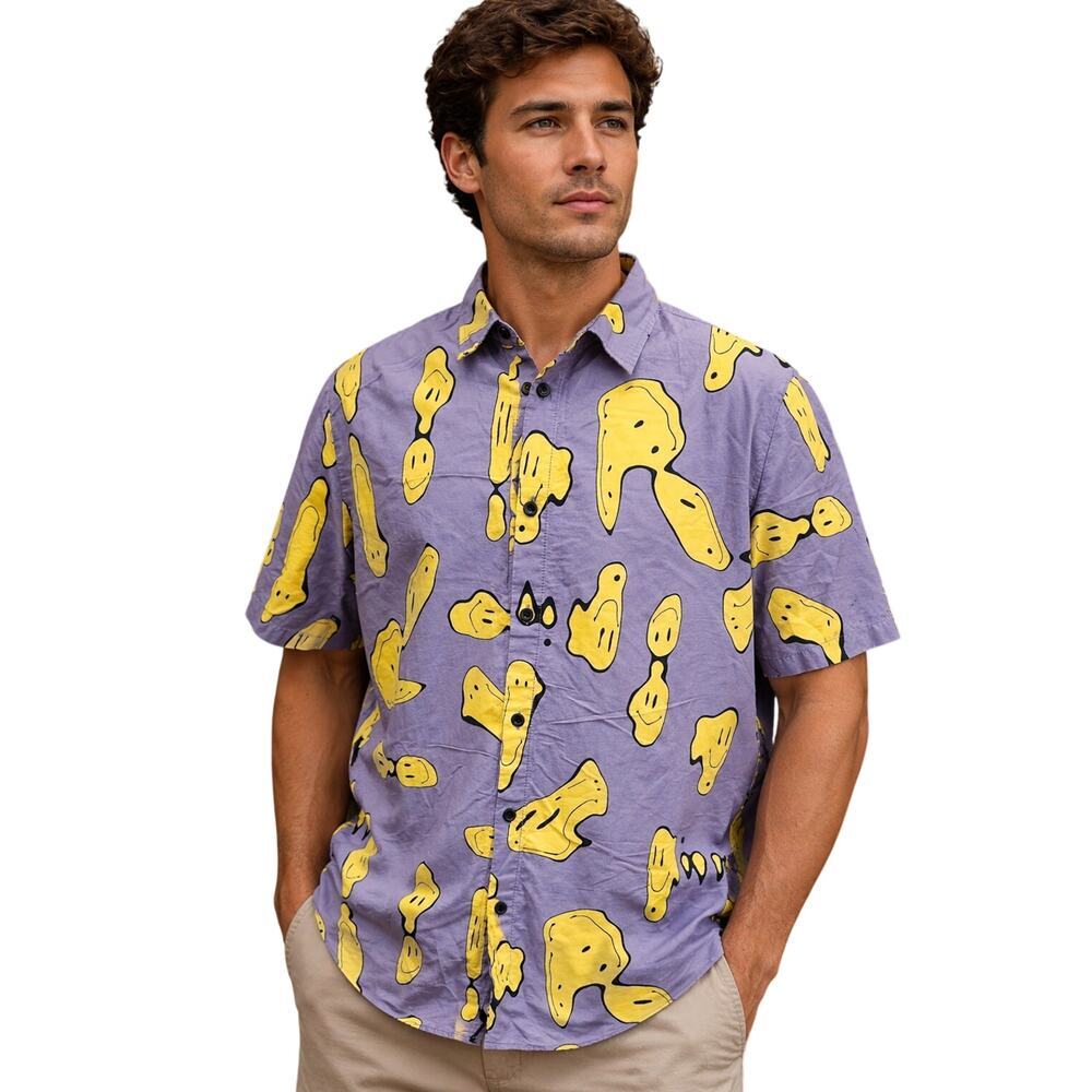 Neff sz L purple yellow trippy smiley face print short sleeve button up colorful